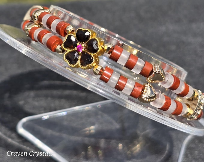 Scarlet Love ~ Rose Quartz, Red Jasper & Smokey Quartz Crystal Bracelet