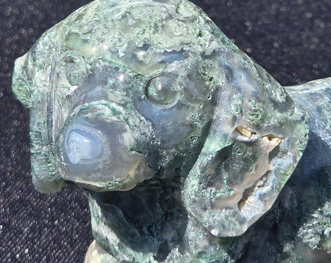 Moss Agate Crystal Dachshund Dog Carving