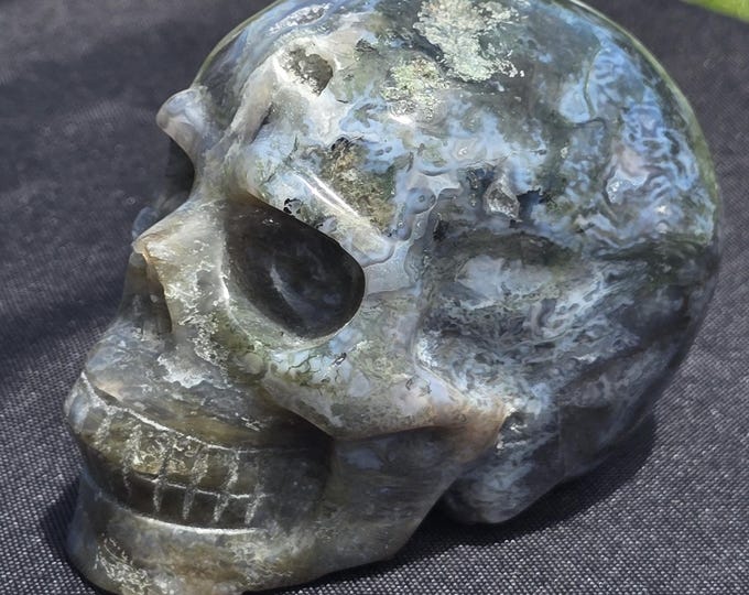 Moss Agate Crystal Skull Carving