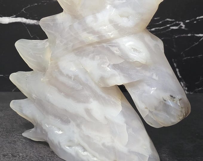 Snowy White Agate Crystal Unicorn Carving