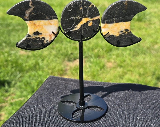 Jasper Crystal Triple Moon Carving on Stand
