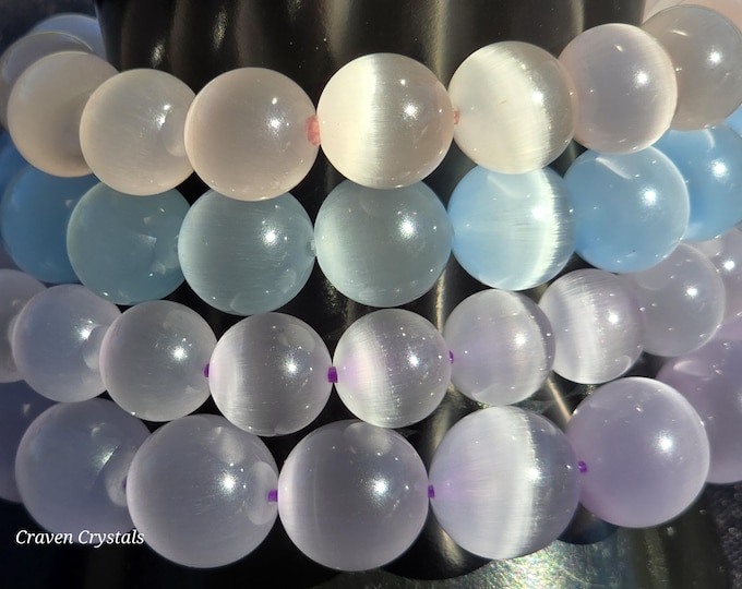Purple, Blue, & Pink Glaze Cat Eye Satin Spar Crystal Beaded Bracelets