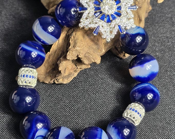 Blue Agate with Spinning Snowflake Custom Crystal Bracelets 14mm ~ Arctic Glow