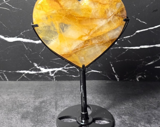 Golden Healer Crystal Heart Carving on Stand