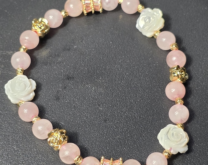 Rose Quartz & Shell Crystal Bracelet ~ Love in Bloom