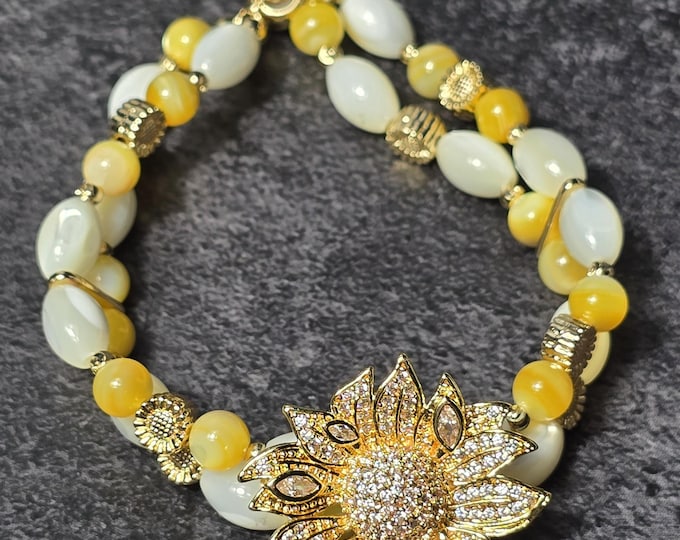 Mother of Pearl & Golden Shell Crystal Sunflower Custom Bracelet ~ Sunlit Bloom