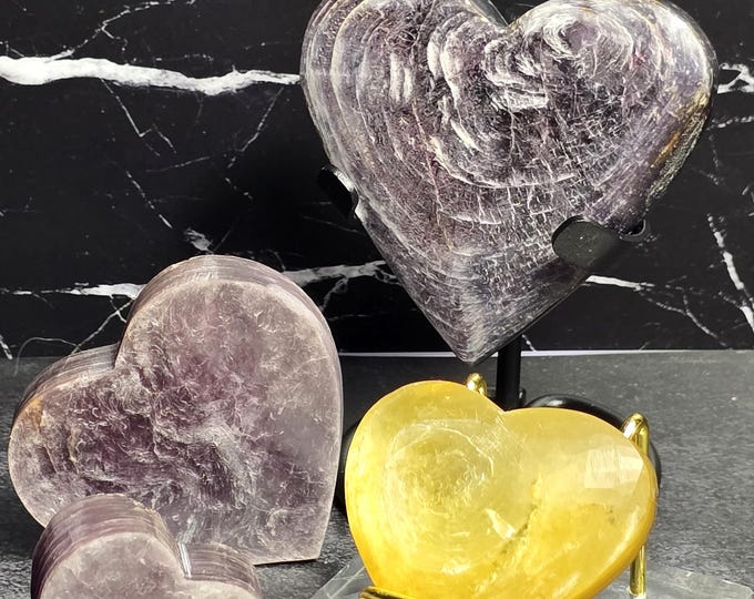 Purple & Yellow Mica Crystal Heart Carvings