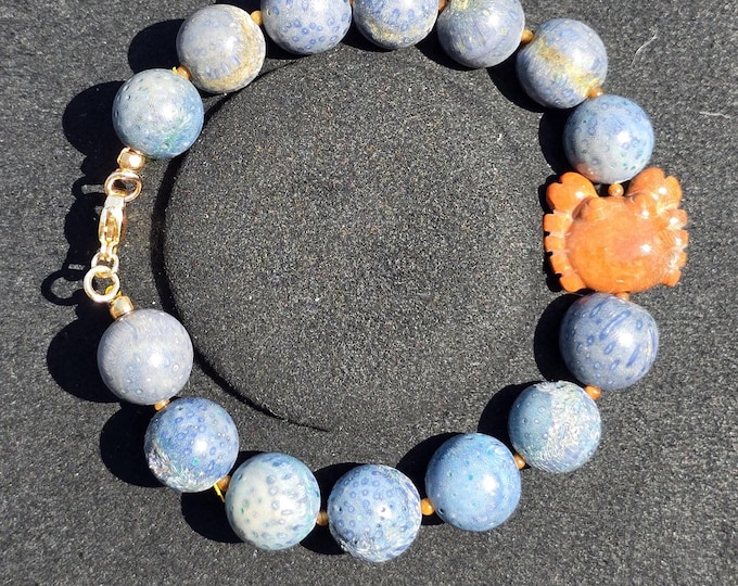 Blue Coral Crystal Custom Bracelet with a Coral Jasper Crab ~ Keeper of the Tide