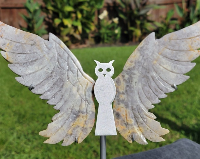 Yellow Crazy Lace Agate Crystal Owl Wings