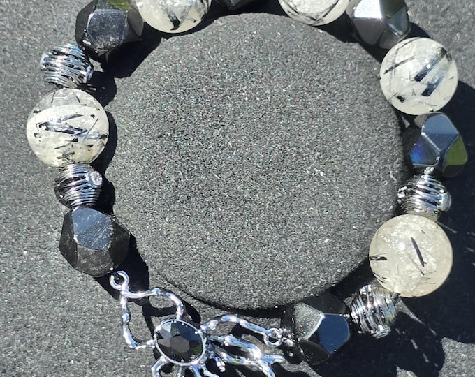 Rutile Tourmaline Quartz & Black Agate Custom Crystal Spider Bracelet ~ Midnight Weaver