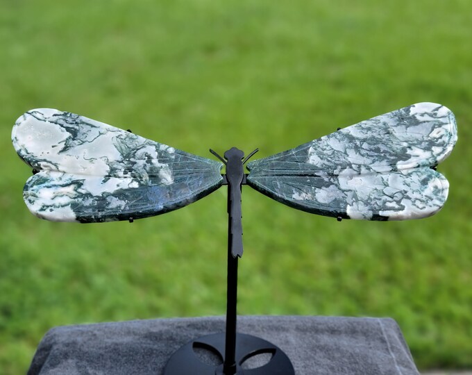 Moss Agate Crystal Dragonfly Wings