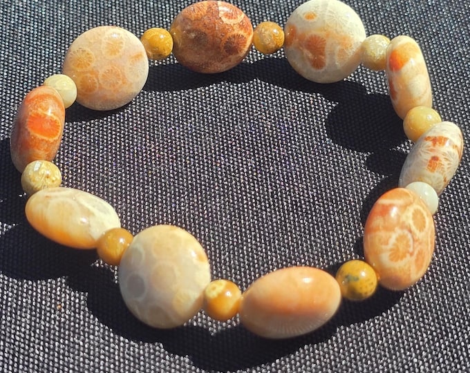 Coral Jasper Coin Style Crystal Beaded Bracelet