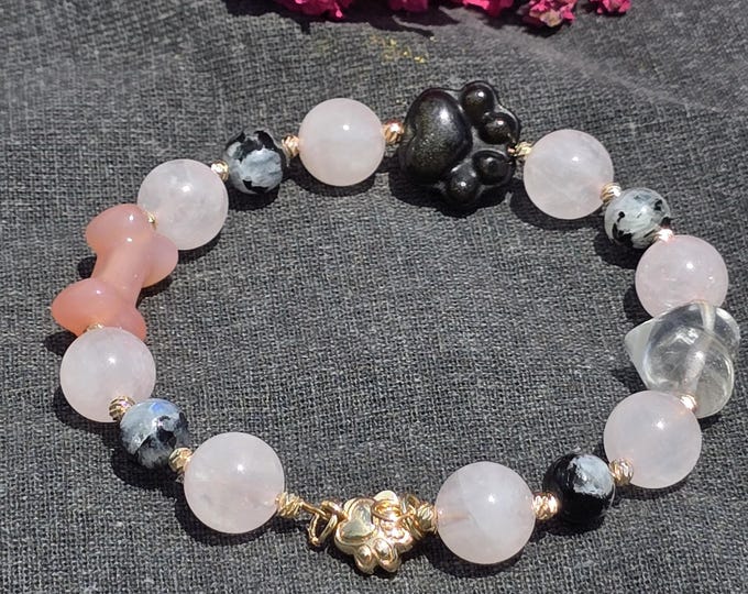 Paw Prints on the Heart ~ Rose Quartz, Agate, Clear Quartz, Obsidian & Rainbow Moonstone Crystal Bracelet