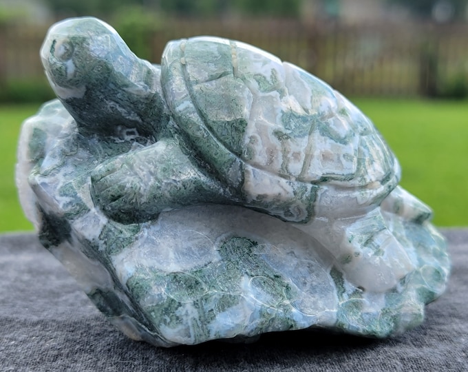 Blue Moss Agate Crystal Turtle Carving