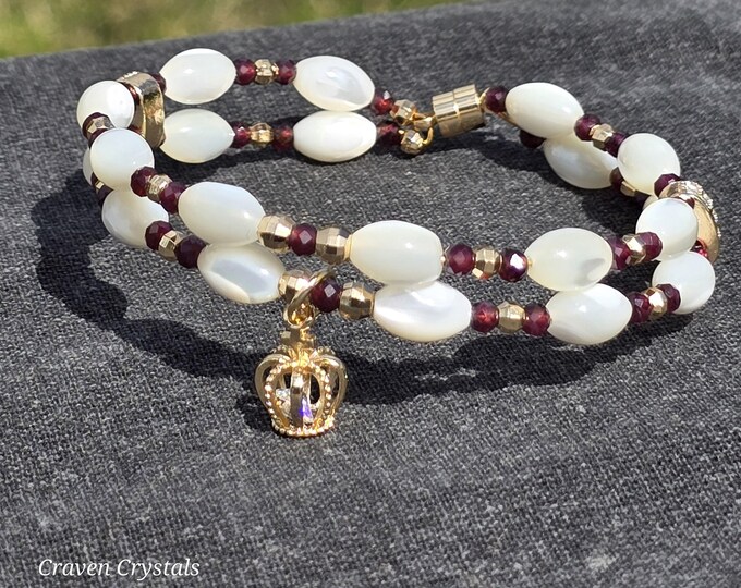 Regal Elegance ~ Garnet & Shell Crystal Bead Bracelet