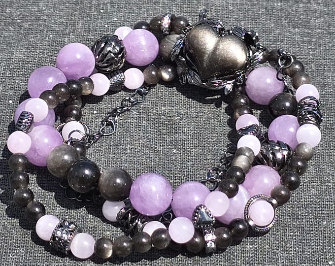 Guarded Heart ~ Kunzite & Silver Triple Stacked Obsidian Crystal Bracelet