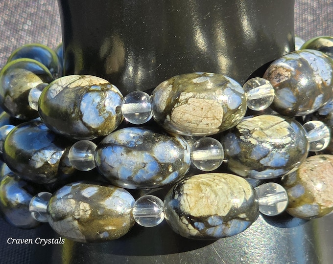 Llanite 'Que Sera' & Clear Quartz Crystal Barrel Beaded Bracelets