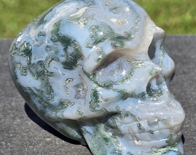 Blue Moss Agate Crystal Skull Carving