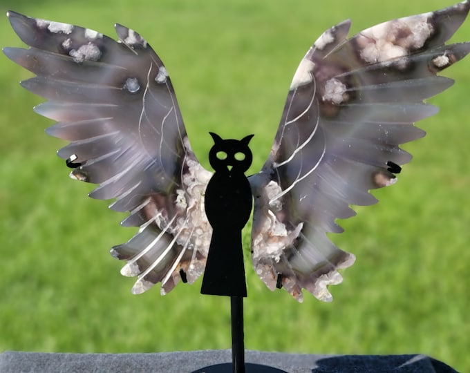 Black Flower Agate Crystal Owl Wings