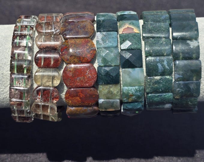 Moss Agate & Phantom Garden Quartz Soft Bangle Bracelets