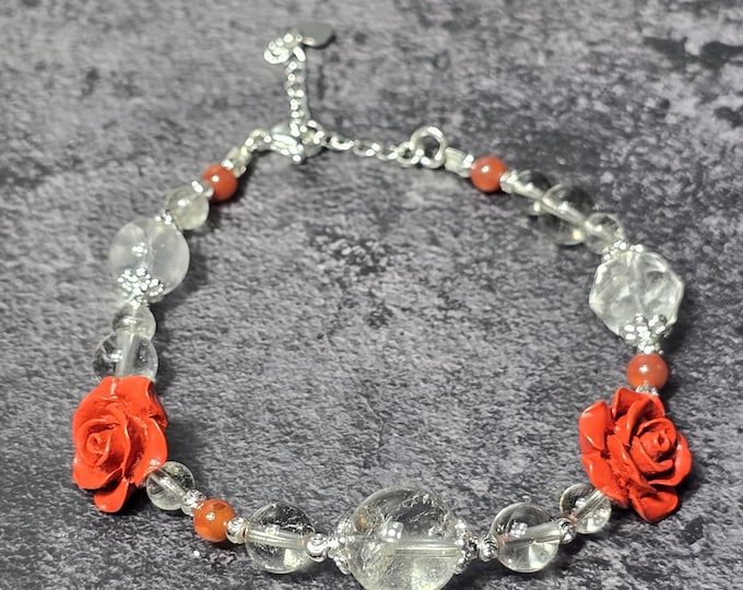 Clear Quartz & Cinnabar Rose Bracelet ~ Crimson Clarity