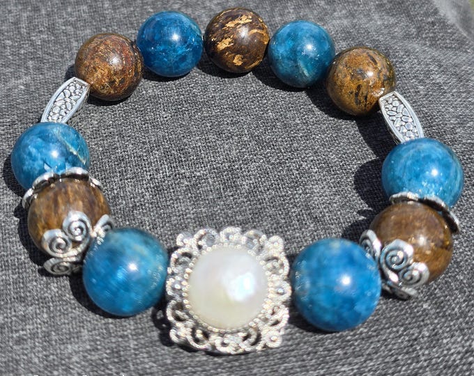 Aqua Terra ~ Pearl, Blue Apatite & Bronzite Crystal Bracelet
