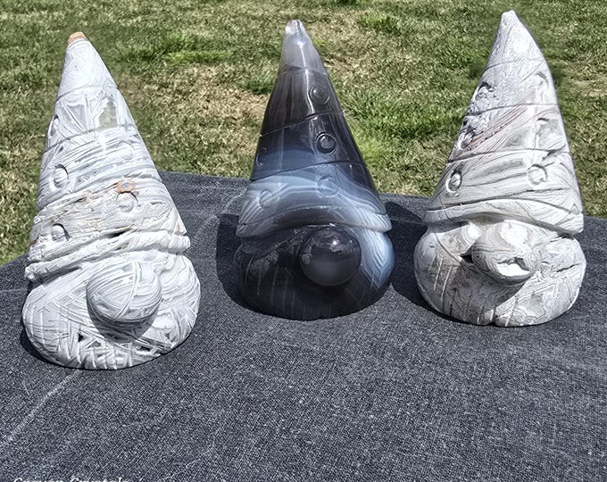 Crystal Gnome Carvings ~ White Crazy Lace Agate & Black Agate