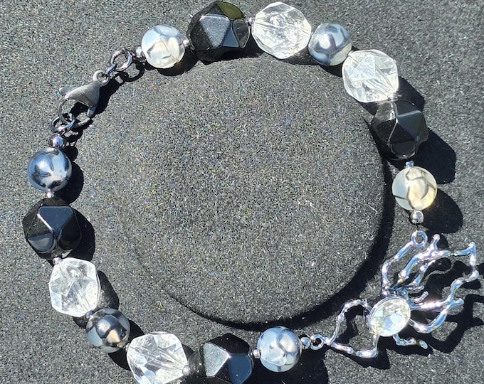 Clear Quartz, Dragon Vein Agate & Black Agate Custom Crystal Spider Bracelet ~ Shadow Spinner