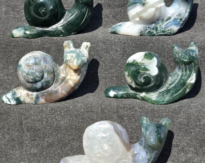 Moss Agate Crystal Snail Carvings