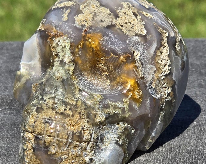 Moss Agate Crystal Skull Carving