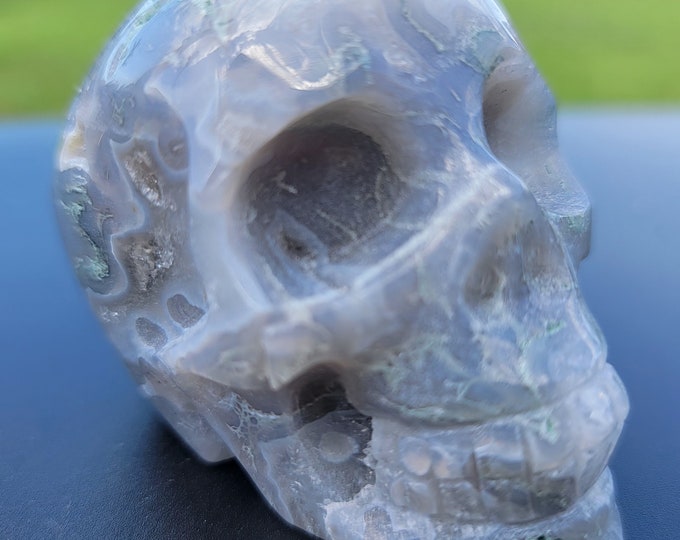 Moss Agate Crystal Skull with Clear Quartz