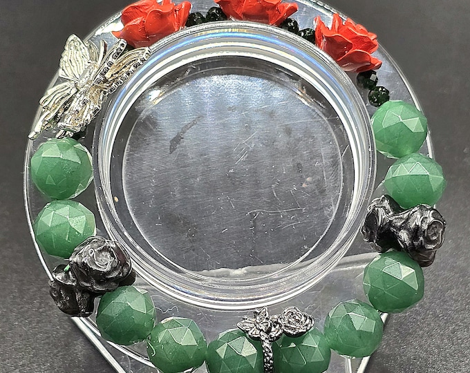 Roses in Bloom ~ Green Aventurine, Cinnabar & Silver Obsidian Crystal Bracelet