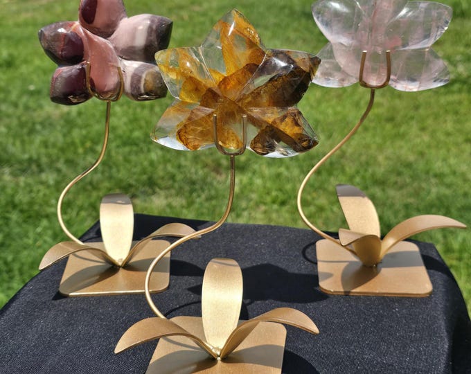 Five Petal Crystal Flowers: Golden Healer, Rose Quartz, and Pink Mookaite