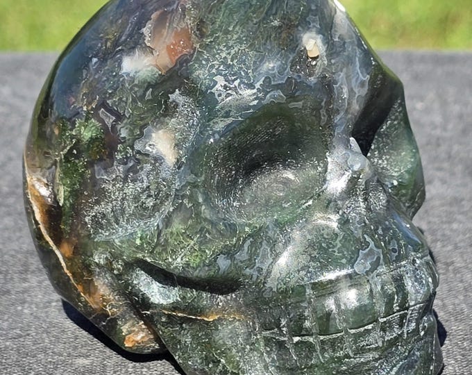 Moss Agate Crystal Skull Carving