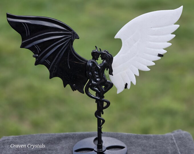 Black Obsidian and White Jade Crystal Angel & Devil Wings