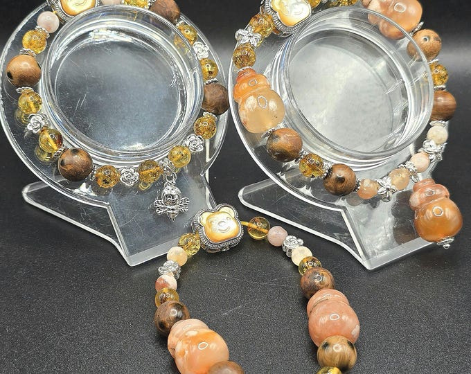 Amber Root, Flower Amber, Flower Agate & Shell Crystal Bracelets ~ Inspired by a friendly yellow bear