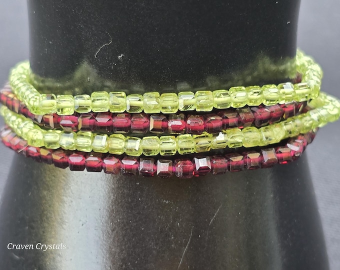 Dainty 3mm Crystal Cube Bead Bracelet - Garnet or Peridot Gemstone Stacking Jewelry