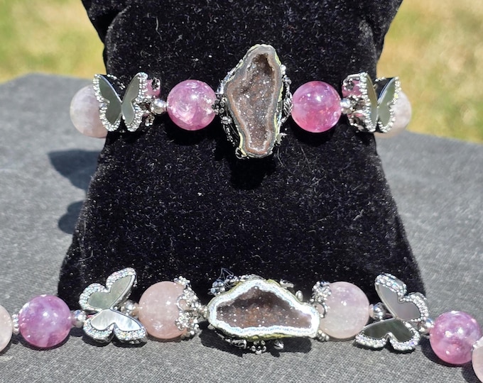 Pink Mica, Black Shell and Drusy Quartz Custom Crystal Bracelet ~ Blush & Bloom