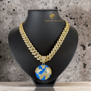 Fully Iced Out Miami Cuban Chain Link 14mm with 14k Gold Plated Earth World Pendant, Best Hip-Hop Style Necklace Gift to him rapper style