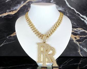 RR Letters Iced Out Bling Pendant 14mm Miami Cuban Chain Best Hip