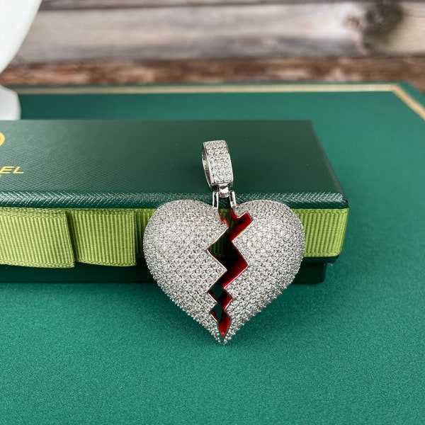 Broken Heart Pendant Fully Iced Out Bling Hip Hop Style Men Gift Cubic Zirconia Jewelry Stainless Steel Rope Chain