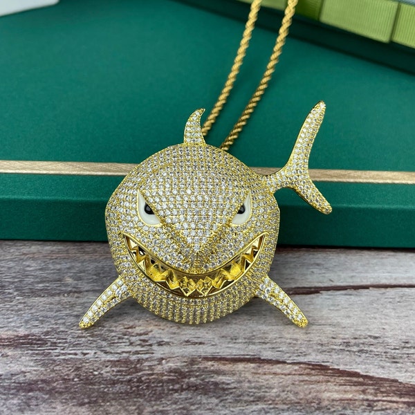 Iced Out Gold Plated Shark  Pendant Fully Iced Out Bling Hip-Hop Style with Stainless Steel Rope Chain Hip Hop Necklace Gift Him Her