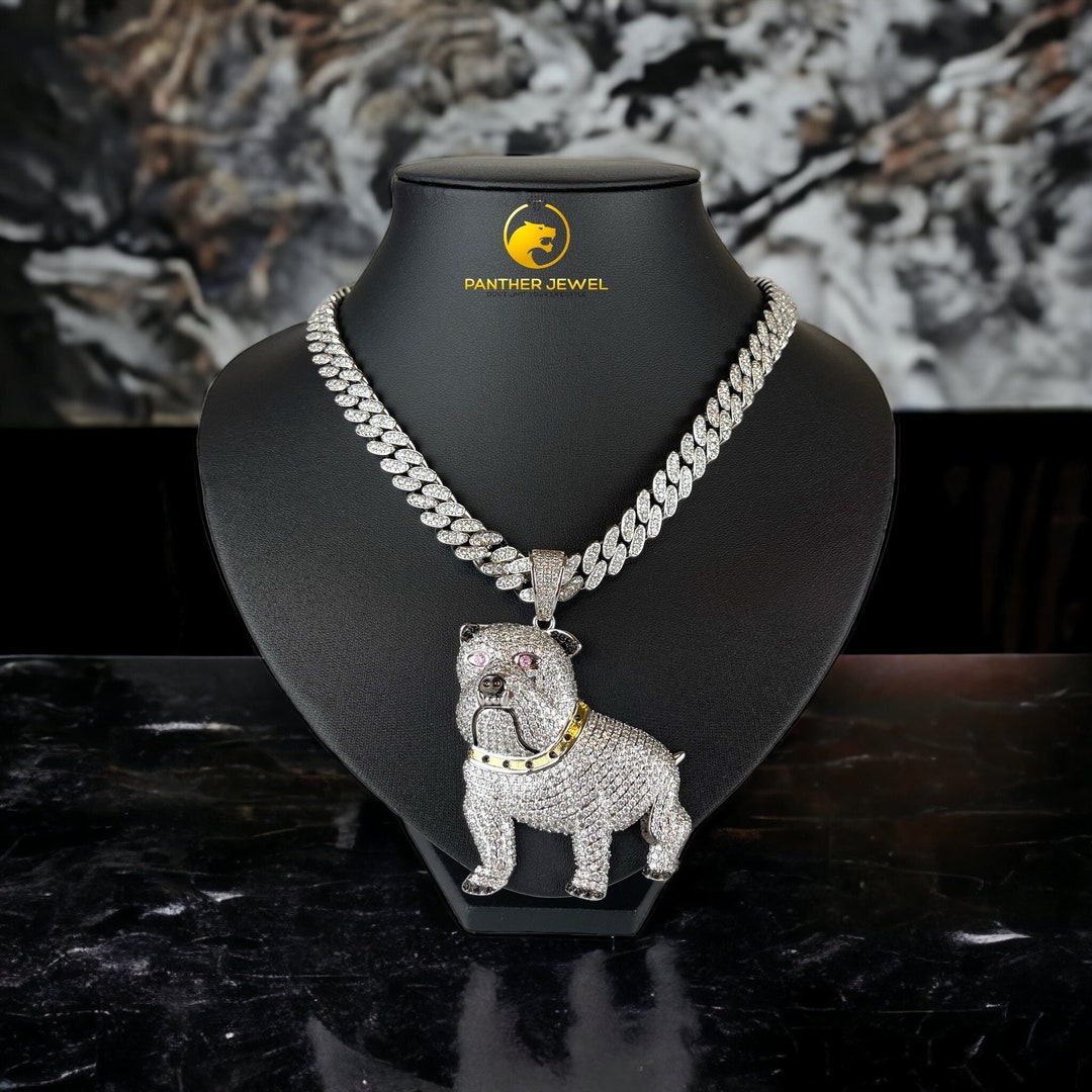 Iced Out 10mm Miami Cuban Chain Pitbull Dog Pendant Silver Plated Bling ...