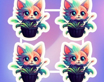 Leuke kat in plant stickerpakket | Kattenstickers | Plantenstickers | Leuke stickers | Neonstickers | Stickerpakket | Plant mama