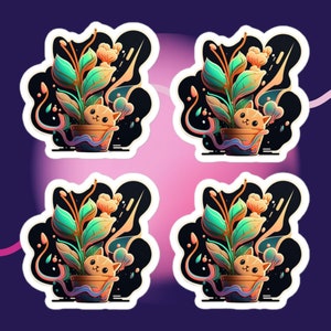 Pack d&#39;autocollants chat mignon en pot | Autocollants chat | Autocollants de plantes | Autocollants mignons | Autocollants néon | 4 autocollants