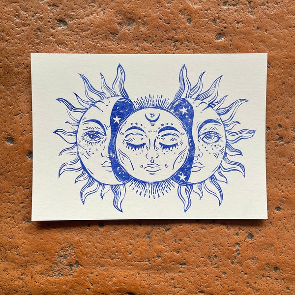 Linogravure soleil lune