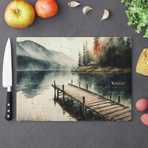 Peaceful Lakeside Cutting Board | Cottagecore Cutting Board |  Decorative Tempered Glass Chopping and Serving Board