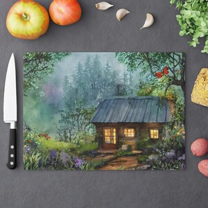 Fantasy Cabin Cutting Board | Cottagecore Cutting Board |  Decorative Tempered Glass Chopping and Serving Board