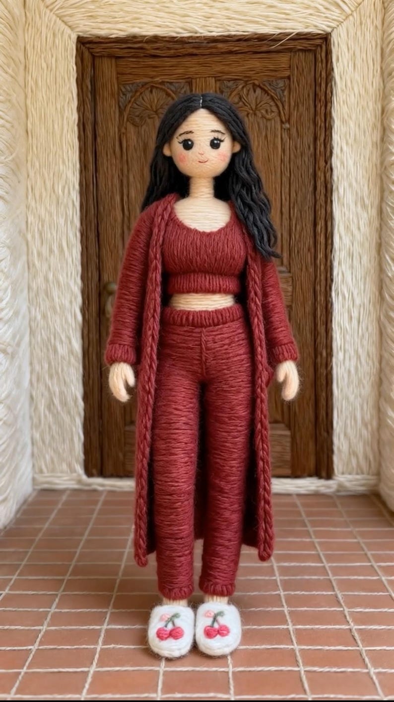 May include: A handmade doll dressed in a red knitted ensemble: a crop top, trousers, and a long cardigan. The doll has black hair and wears white slippers with cherry motifs. The doll is positioned in front of a brown wooden door.