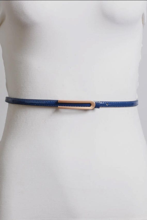 Blue Leather Skinny Belt: Gold Buckle, Cinch Waist - Etsy display picture 2